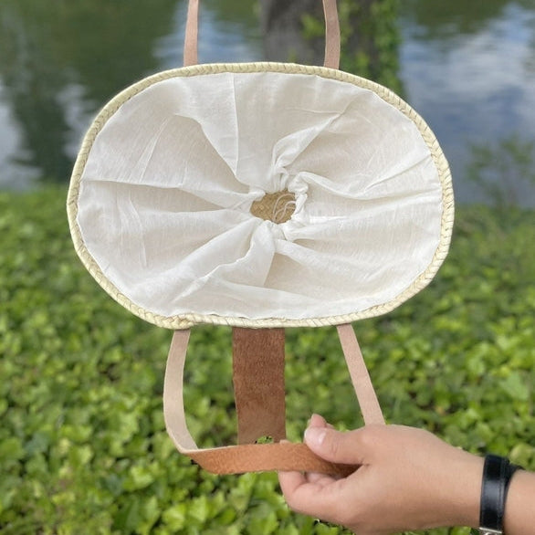 Sac de marché en feuilles de palmier tissées à la main avec poignées en cuir