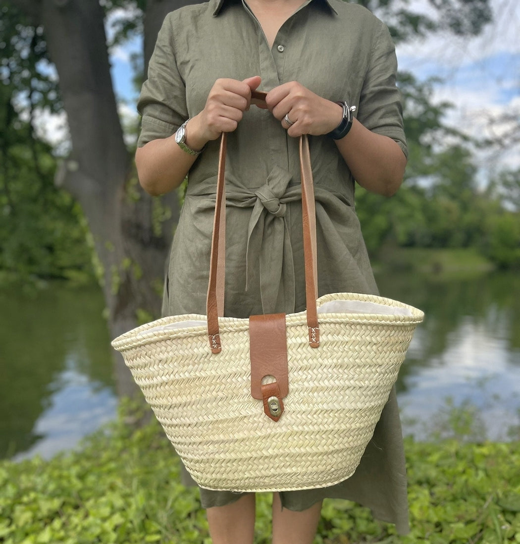 Sac de marché en feuilles de palmier tissées à la main avec poignées en cuir