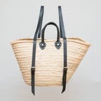 Panier sac à dos en palme naturelle & bretelles en cuir