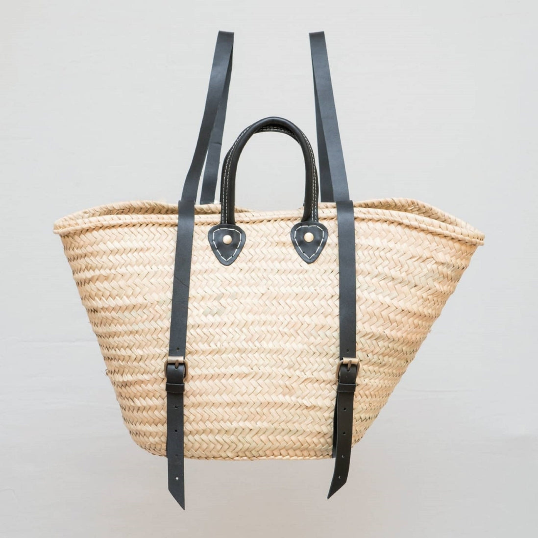Panier sac à dos en palme naturelle & bretelles en cuir