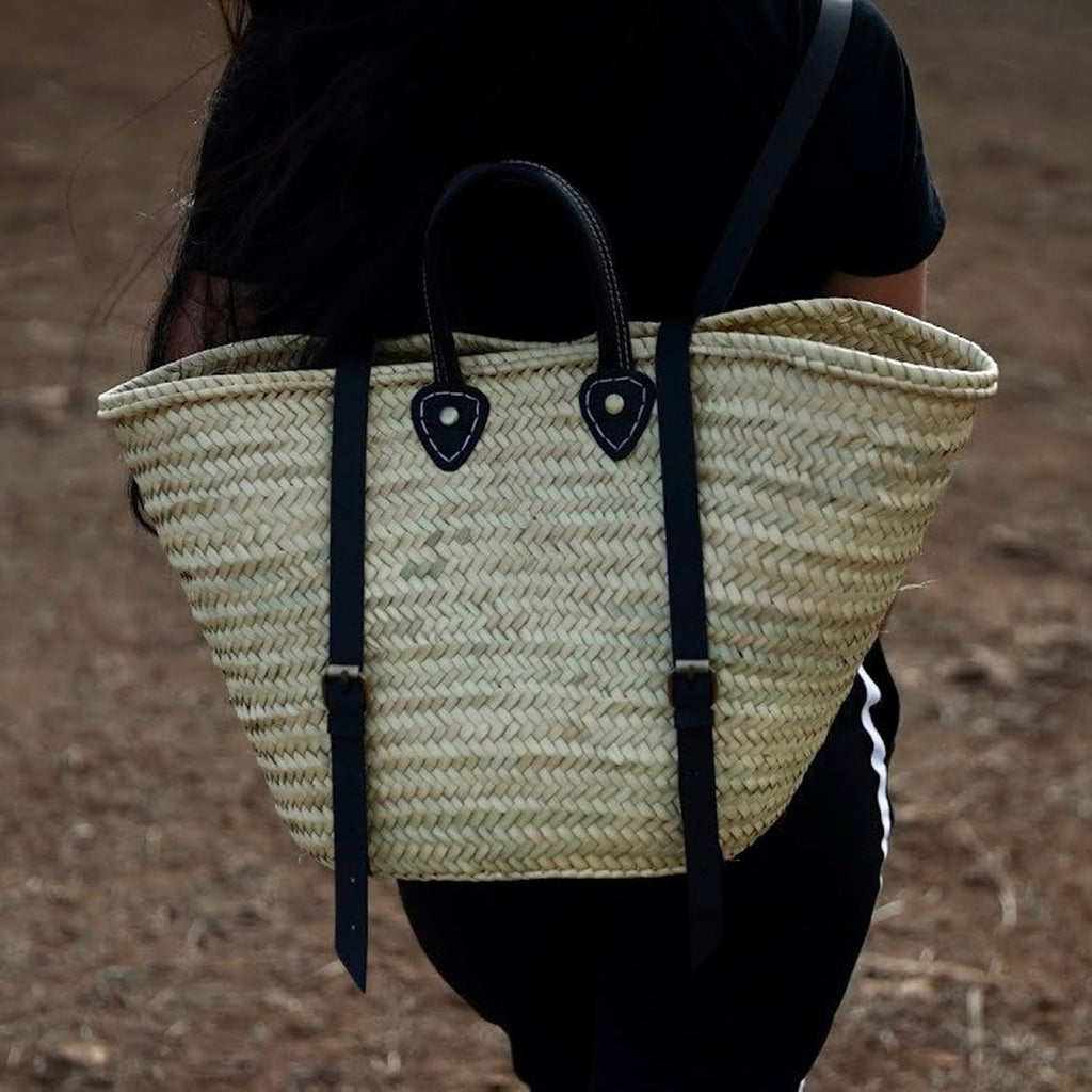 Panier sac à dos en palme naturelle & bretelles en cuir