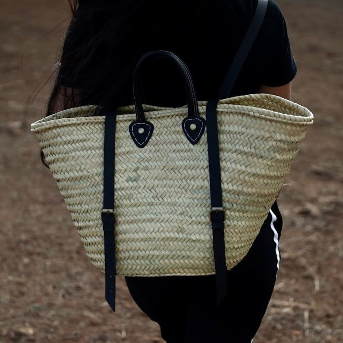 Panier sac à dos en palme naturelle & bretelles en cuir
