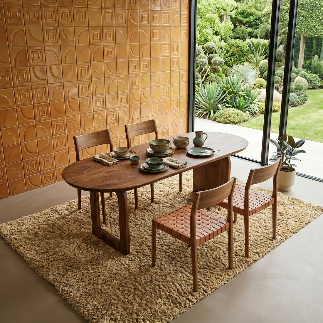 Table de salle à manger à bord arrondi - marron - 200 - piètement mixte