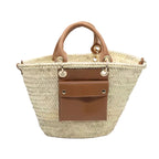 Panier en paille français chic avec poche en cuir et pochette