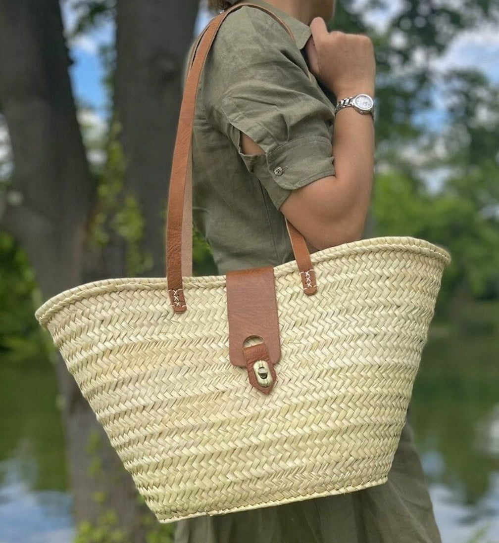 Sac de marché en feuilles de palmier tissées à la main avec poignées en cuir