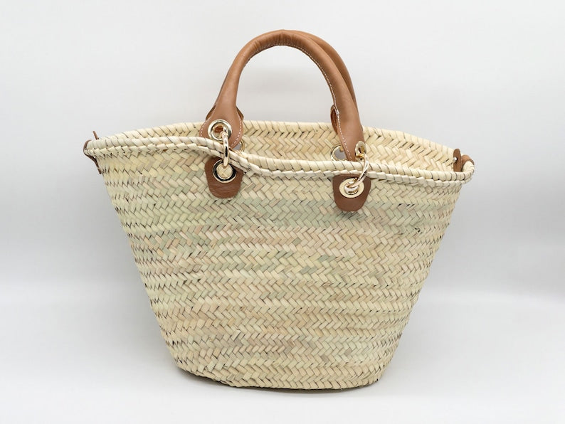 Panier en paille français chic avec poche en cuir et pochette