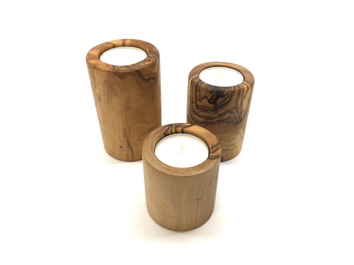 Trio de photophores tours en bois d'olivier Terra Gusto